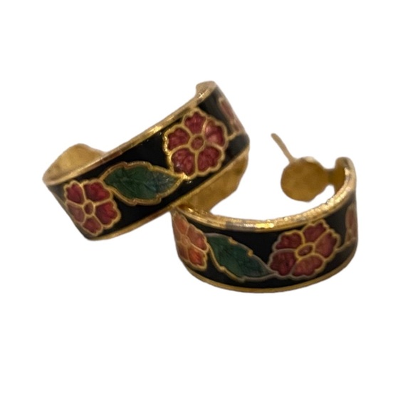 Vintage Black enamel cloisonné flower hoops gold tone - Picture 2 of 5